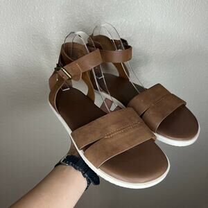 Torrid Two Piece Footbed Faux Leather Strappy Sandal 8WW Double Wide - cognac